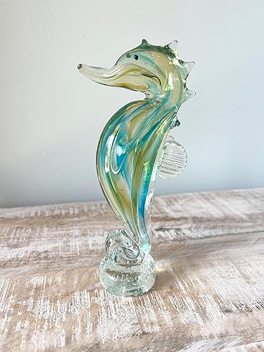 Miniatura 5 de Escultura de caballito de mar azul y verde de cristal de 8 pulgadas  Mesa soplada independiente para la playa  Coleccionable, decoración del hogar,