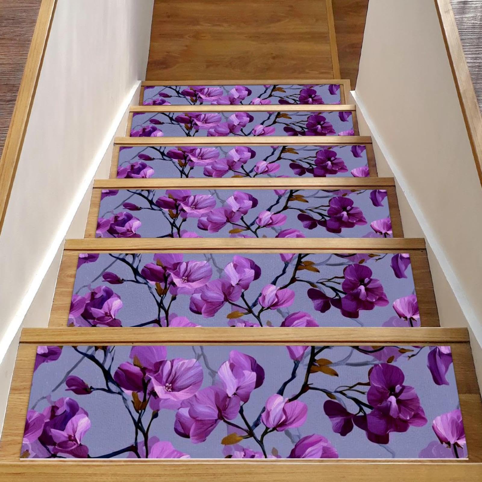 Tapis d'escalier antidérapants 20x76 cm | Lot de 15 marches d'intérieur au motif fleuri lilas