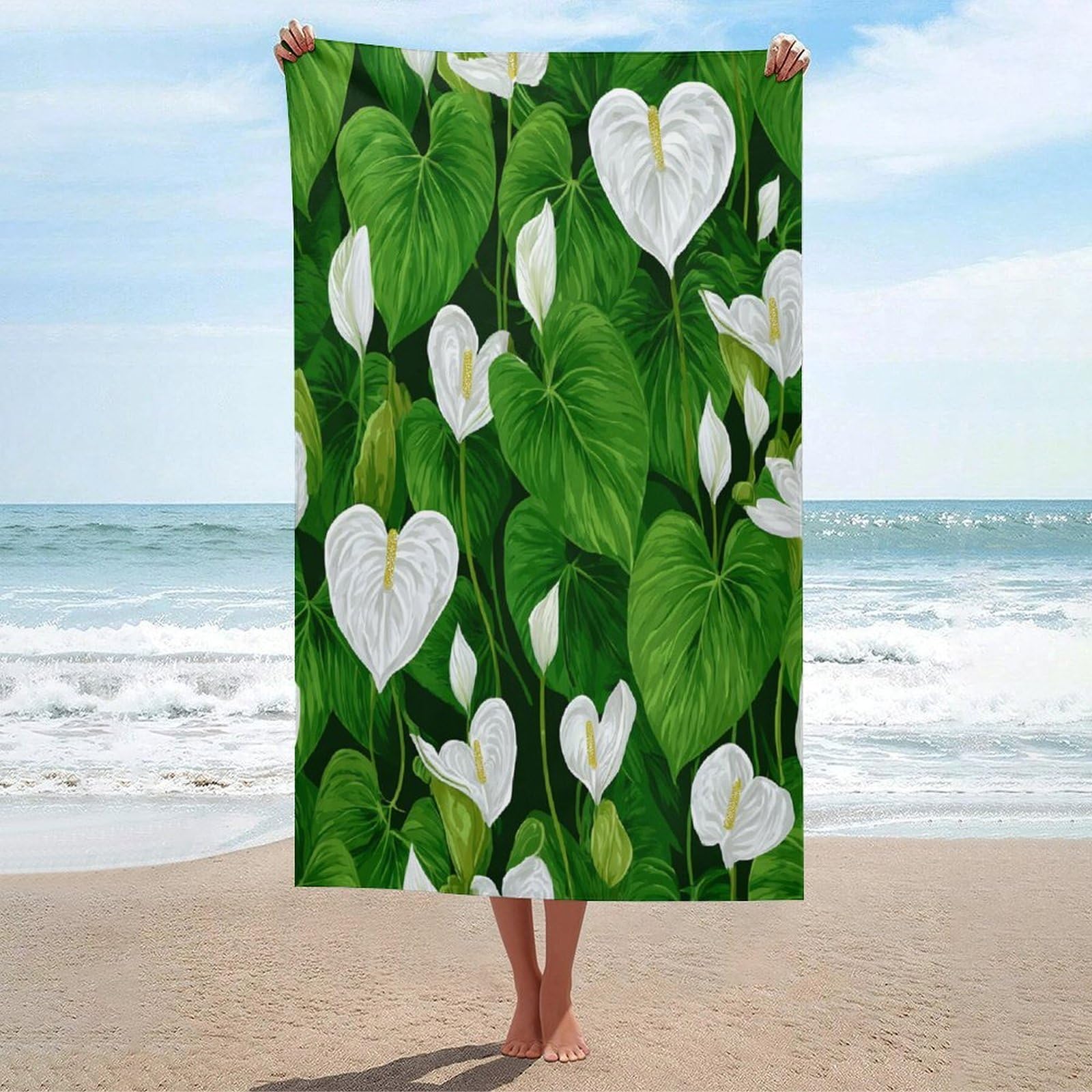 LSRCPD Heart-shaped Anthurium Leaves Beach Towel Sand Free Microfiber Large Shower Towels Multipurpose Absorbent for Bathroom Pool 130x80 CM