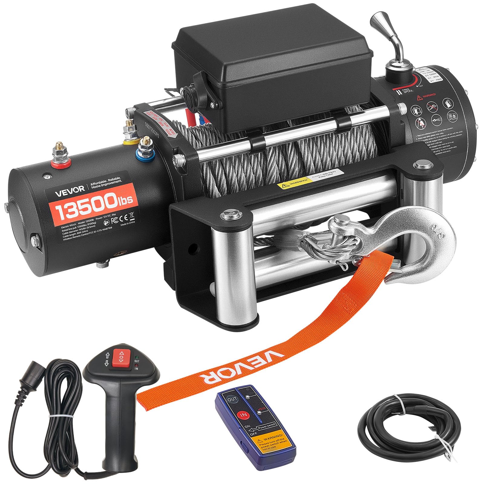 VEVOR Verricello Elettrico, Carico 6100 kg, per Camion 12 V CC con Fune in Acciaio Φ9,​5 mm x 24 m, Telecomando Wireless e Cablato, IP55 Impermeabile per il Traino di SUV, Jeep, Rimorchi, Barche