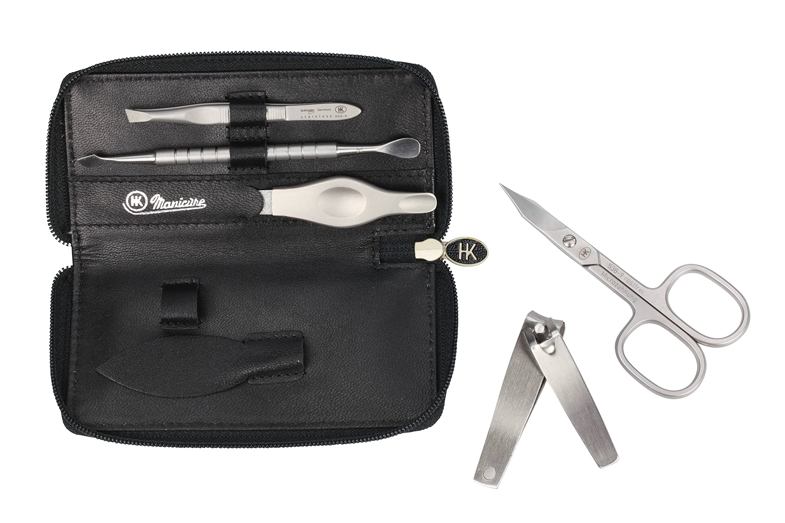 by Hans Kniebes – 5-teiliges Maniküre Set – Nagelschere, Knipser, Feile, Pinzette, Doppelinstrument – Manicure-Etui aus Nappa-Ziegenleder schwarz