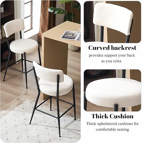 Miniatura 5 de Juego de 2 taburetes de bar tapizados de tela de peluche con respaldo, sillas de bar de comedor tapizadas modernas con patas de metal y reposapiés