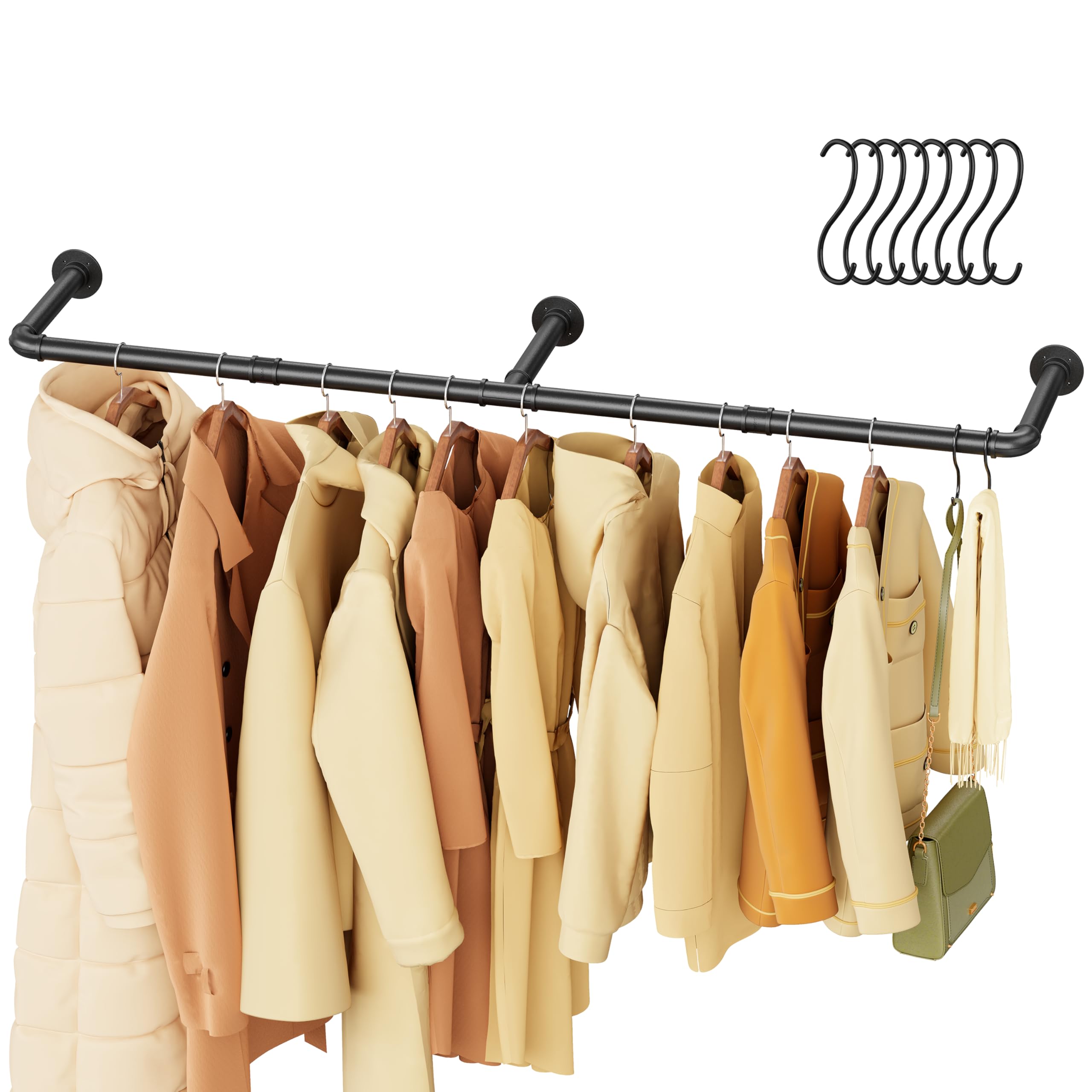 155cm Wall Mounted Clothes Rail Clothing Rack Industrial Pipe Rod Black