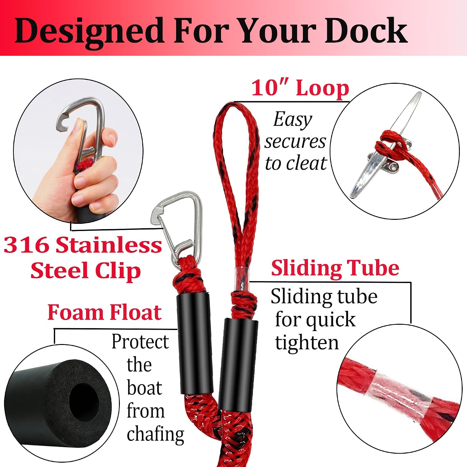 Boat Docking Lines with Clip- 2ft Shock Absorbing Boating Mooring Ropes for Secure Tie-Up, Marine Boat Accessories, for Kayak, Pontoon Boats, Dinghy & Small Watercraft, 2 Pack (Red&Black)