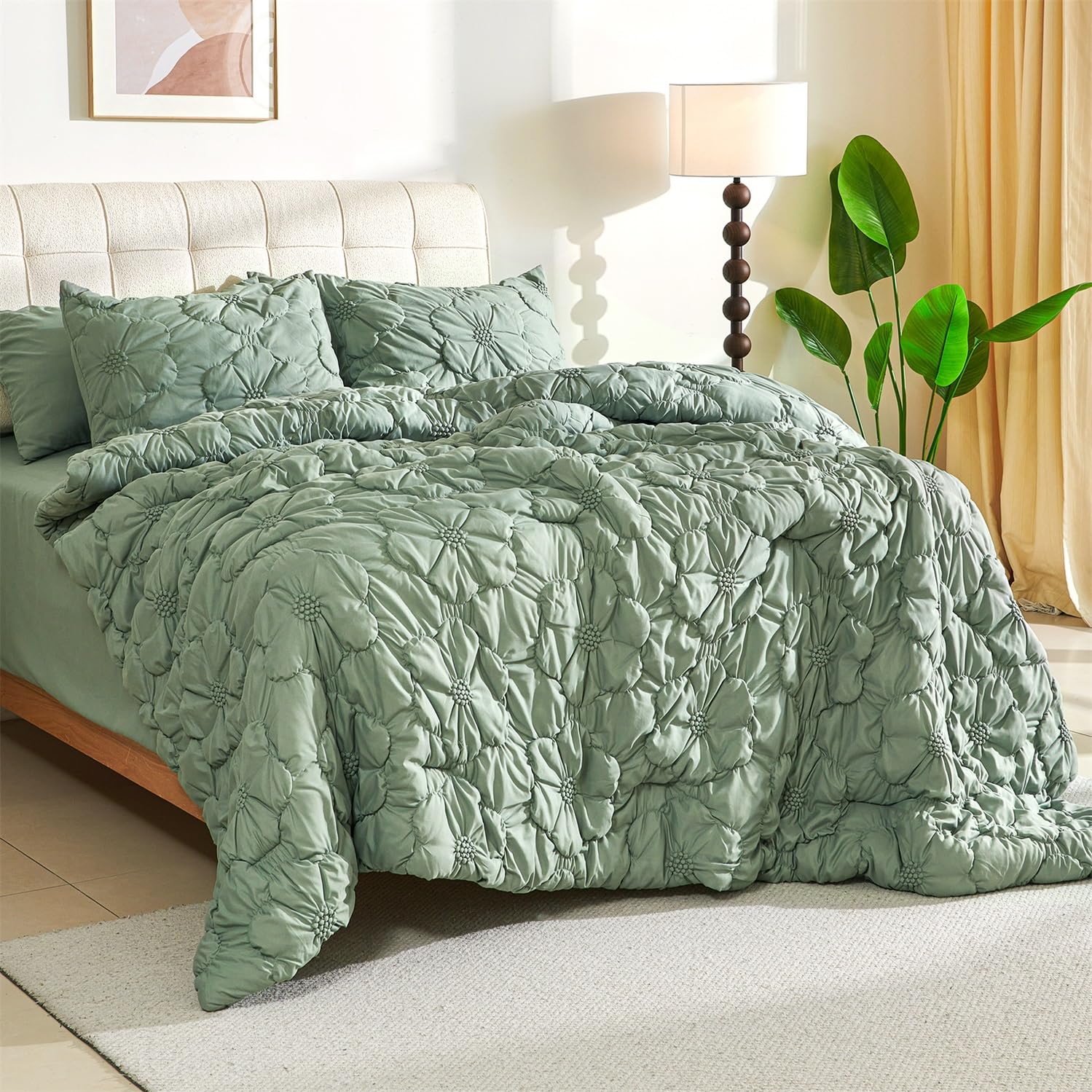 Cmfshape Green Pinch Pleat Comforter Set King Size-7 Pieces Bedding Comforter Bed in A Bag-Lightweight Microfiber Bedding Set with Comforter,Fitted