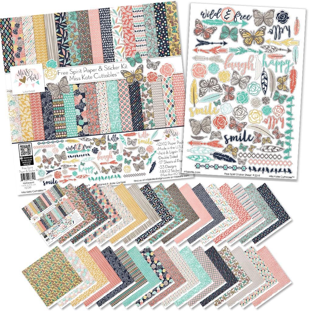 Miss Kate Cuttables Paper & Sticker Kit - Free Spirit - 17 Double-Sided 12x12 Papers with 33 Designs & 1 8X12 Sticker Sheet - Scrapbooking Card Making Crafting