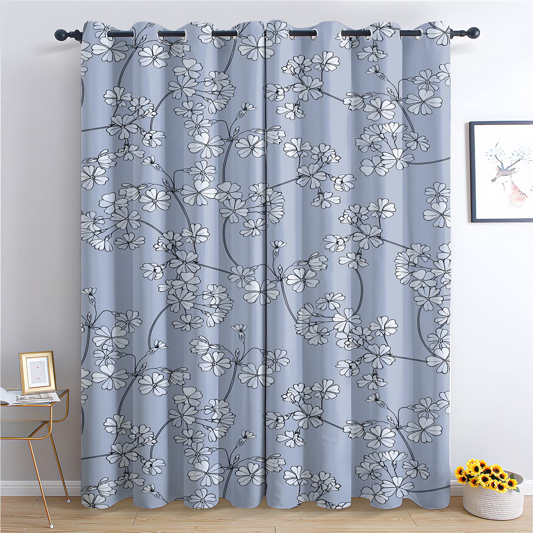 WQIZXCW Floral Curtains, Flower Blackout Curtains for Bedroom Living Room, Thermal Eyelet Curtains, 72 Drop Patterned Window Treatments, 46x72 Inch (W X L), 2 Panels - Stone Blue