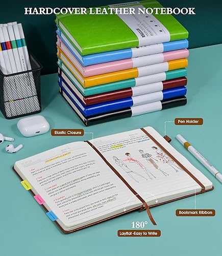 Miniatura 6 de Cuaderno rayado para escribir, papel grueso A5 de 3.53 ozm, diario de tapa dura de cuero para mujeres y hombres, diario de viaje de 160 páginas