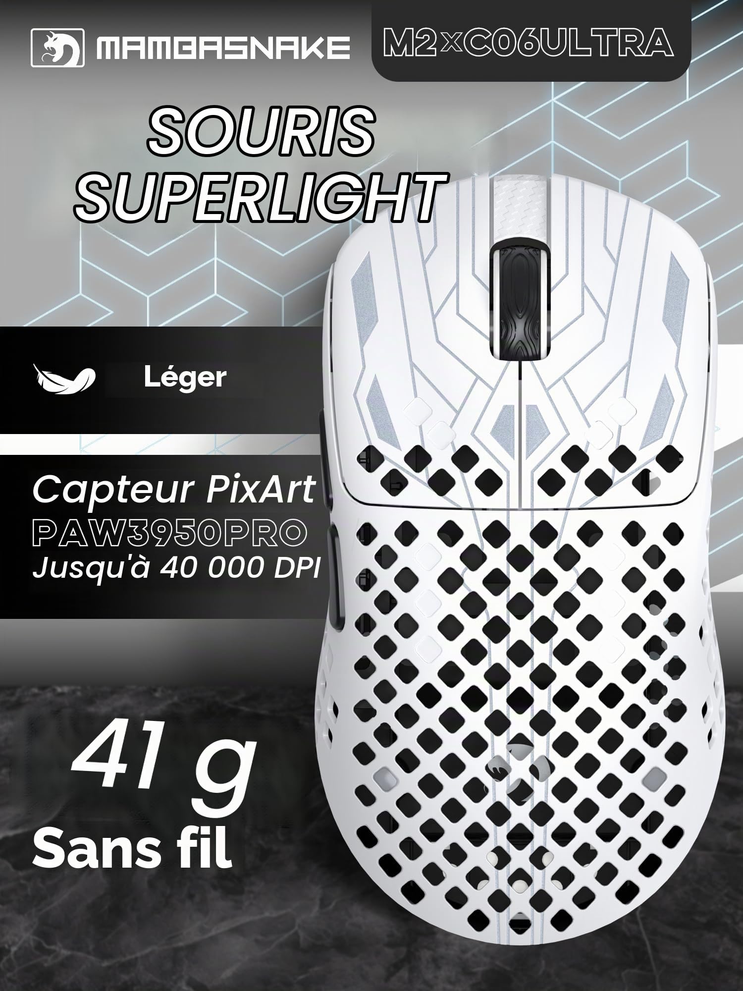 MAMBASNAKE M2 Ultra-Lightweight Wireless Gaming Mouse, PAW3395PRO Sensor 40000 DPI, 41g Carbon Fiber, Mouse Coiled Cable, Tri-Mode 2.4G/Bluetooth/Wired, 100M Clicks, Cloud Driver, Ergonomic Design