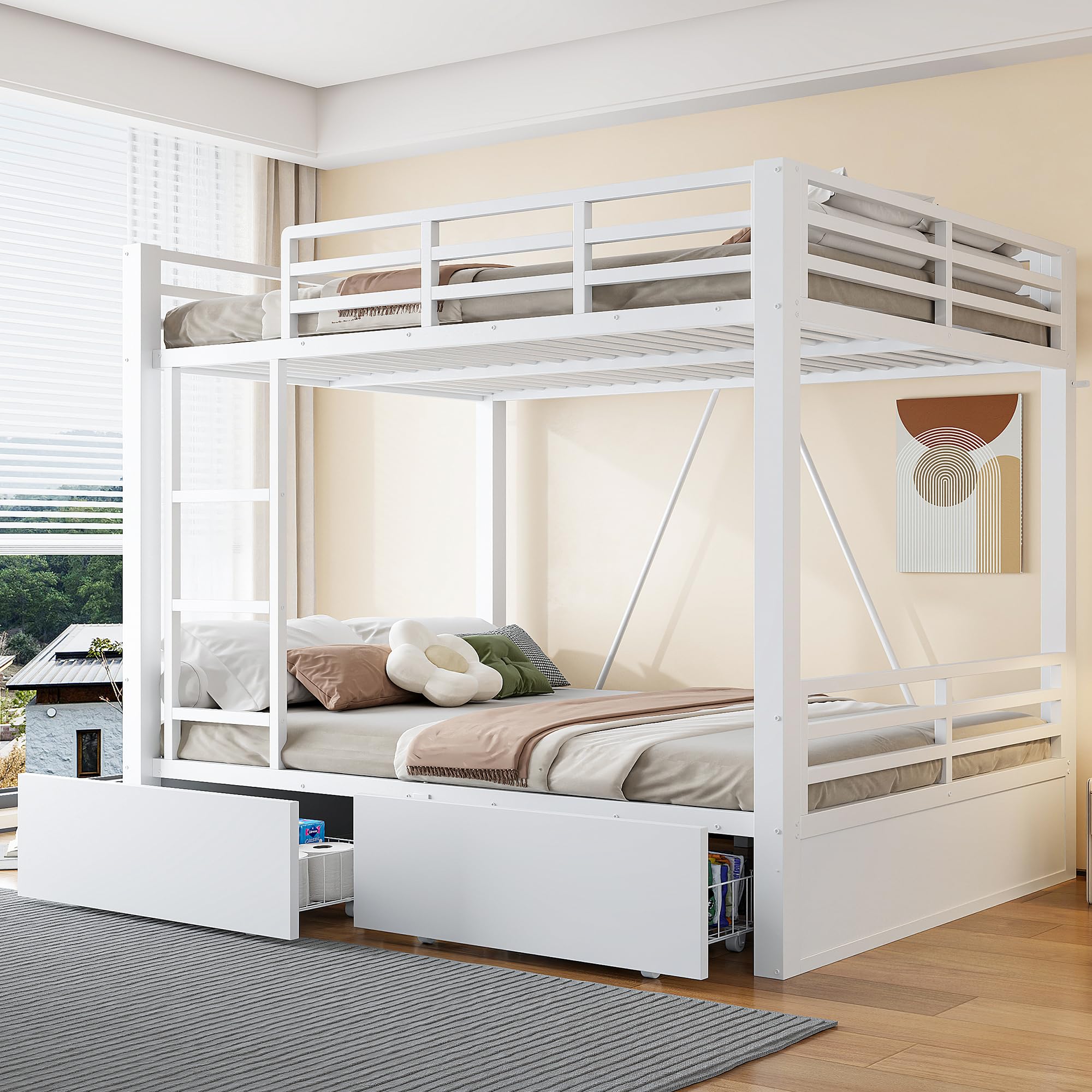 Merax Metall-Etagenbett 140x200 cm mit Schubladen, Sicherheitsgeländer & Leiter – platzsparendes Kinderbett, Weiß (Ohne Matratze)