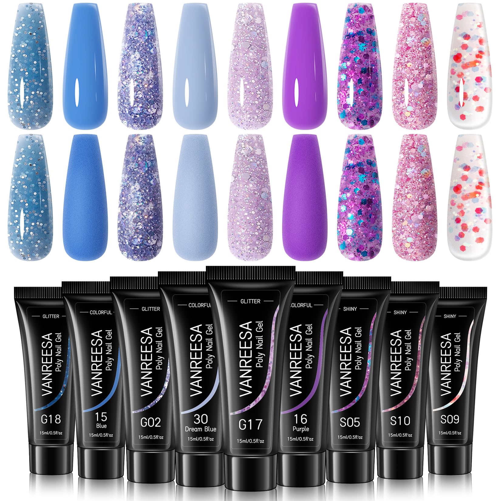 VANREESA Poly Nail Gel Kit 9 Colours 15ml Builder Nail Gel Kit Blue Purple Glitter Extension Gel Nail Kit Nail Art Set Christmas Gifts for Women