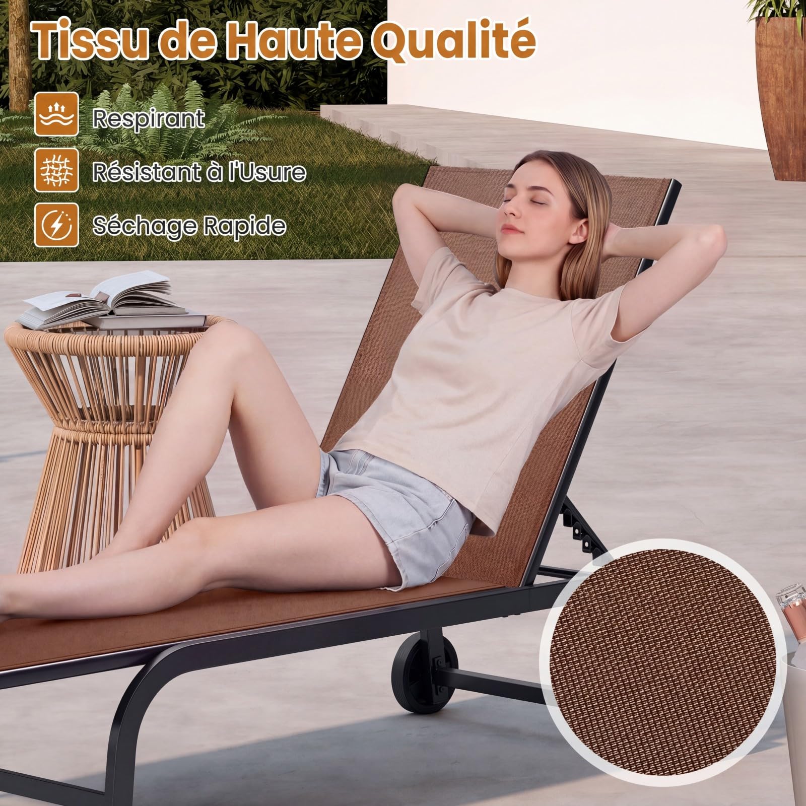 COSTWAY Bain de Soleil à roulettes Inclinable, Dossier à 6 Positions,Marron