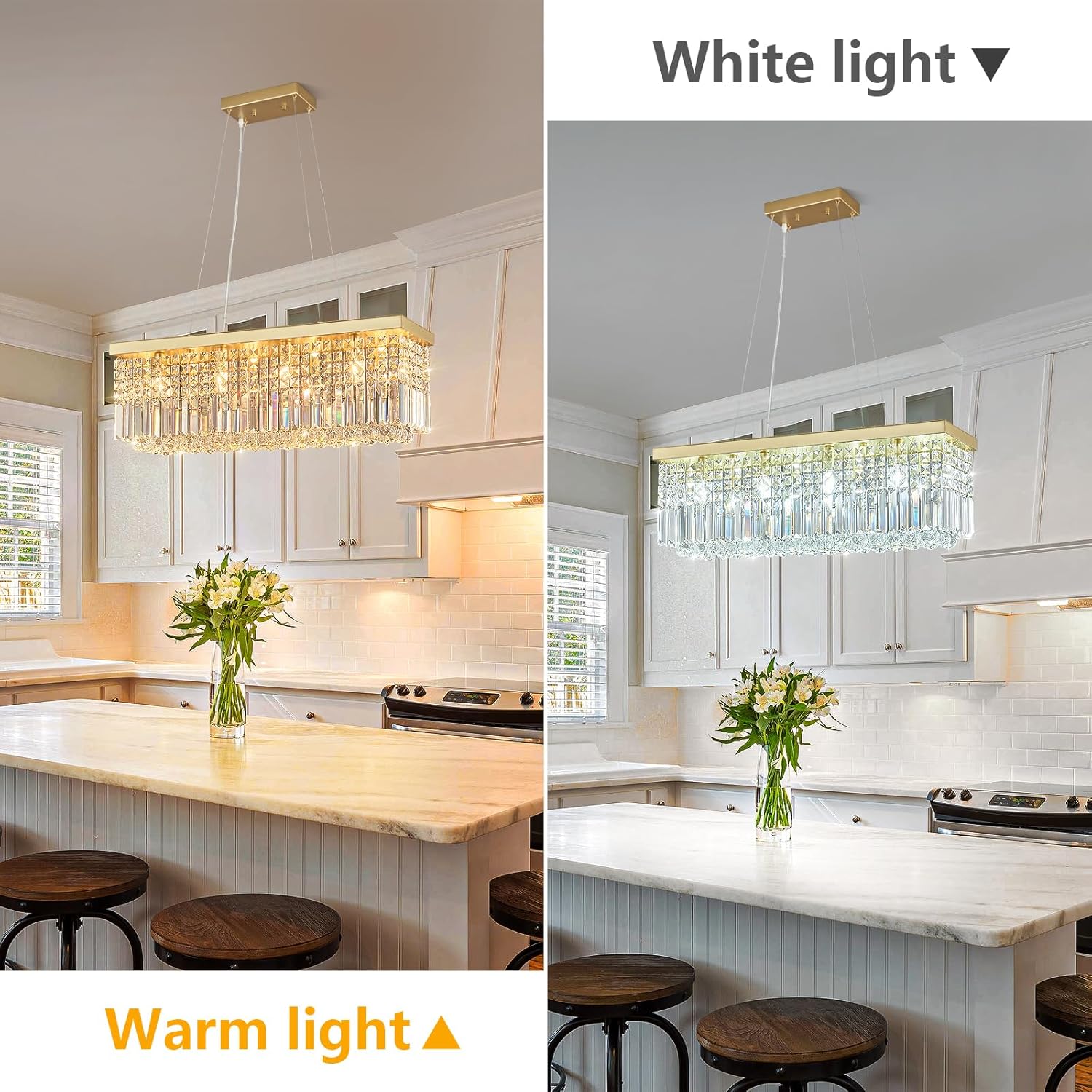 Modern Gold Chandeliers Rectangular Crystal Chandelier 31.5in Ceiling Pendant Light for Kitchen Island Living Room Dining