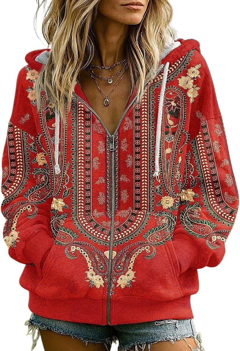 OSCORP Women's Floral Patchwork Zip-Up Hoodie – Vintage Boho Print Sweatshirt for Casual Fall Outfits