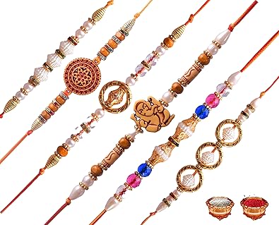 Bhumiyaan Beautiful Rakhi Of 6 Pcs and Roli Chawal For Bhaiya Bhabi And Brother For Rakshabandhan (Multicolour)