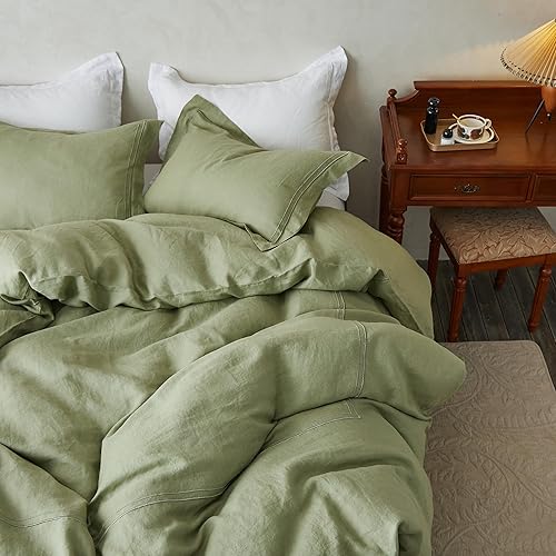 Miniatura 6 de Simple&Opulence Juego de funda de edredón 100% lino lavado de 68 x 86 pulgadas, juego de edredón suave de 2 piezas, doble bordado con cierre de