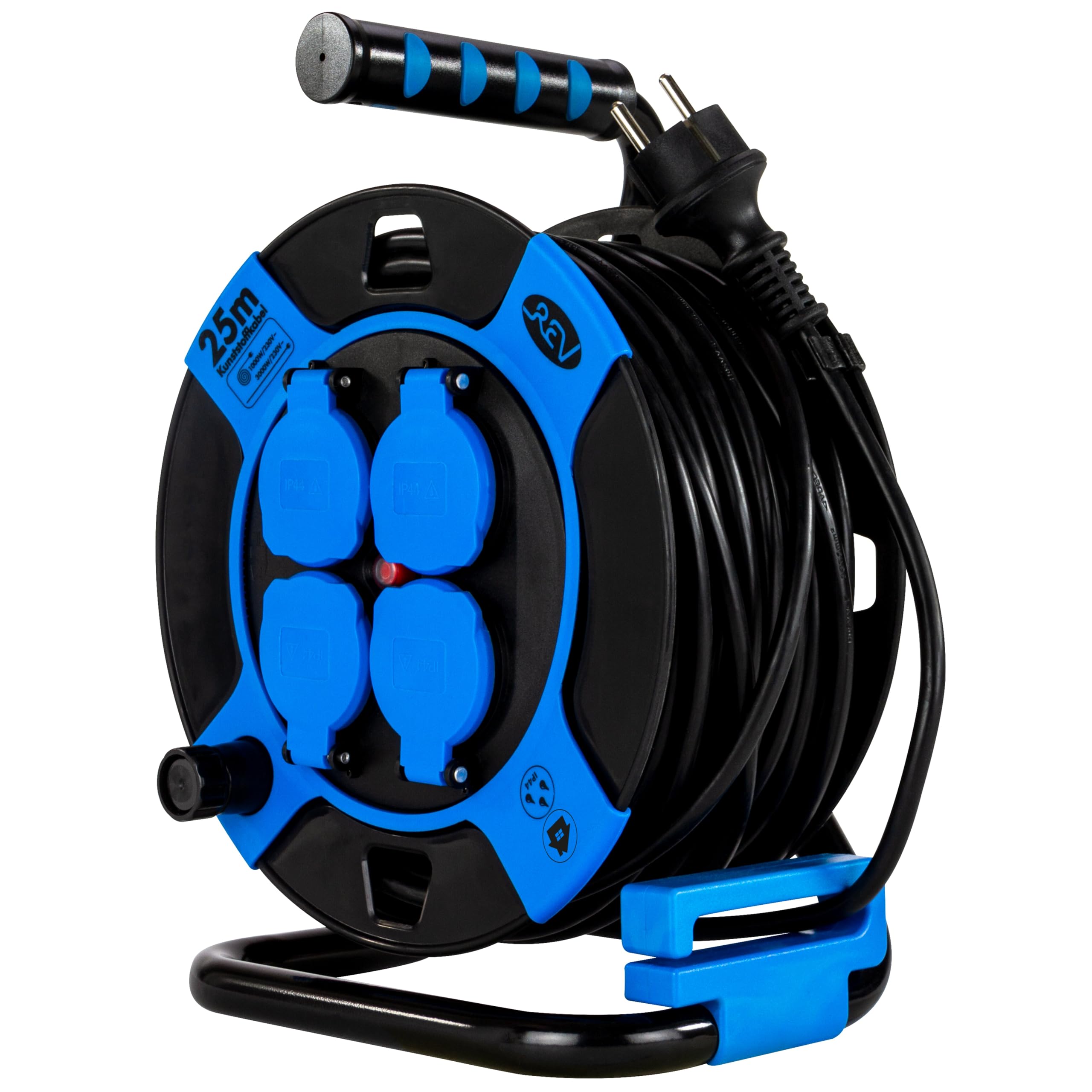 REV 0010105812 base múltiple 25 m 4 salidas AC Exterior Negro, Azul - Bases múltiples (25 m, 4 salidas AC, Exterior, IP44, 1,5 mm², Negro, Azul)