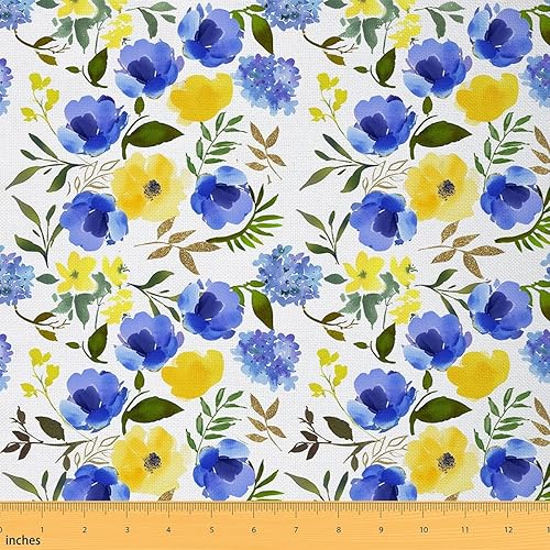 Tela de flores de acuarela de The Yard azul amarillo para exteriores, tela de decoración floral salvaje para amantes del arte de las manualidades,