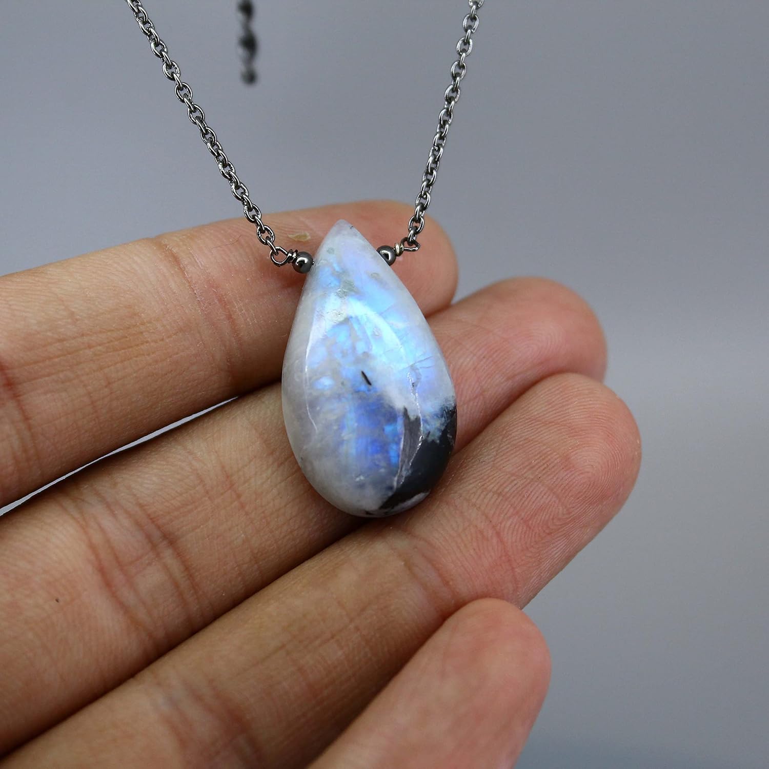 Gempires Moonstone & Black Tourmaline Teardrop Pendant Necklace | Natural Faceted Gemstone 15–25 mm | Hypoallergenic Black Plated Brass | 18 Inch Chain with Extender | Handmade Gift Jewelry for Women - Image 4