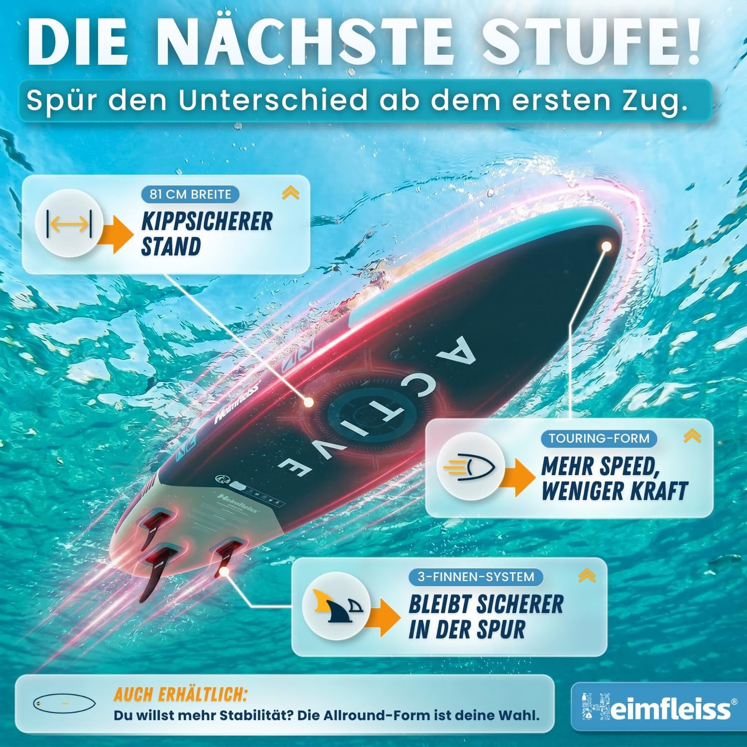 Heimfleiss® SUP Board aufblasbar | Stand Up Paddling Board Komplettset mit Sitz & Kajak-Funktion | Drop-Stitch PVC 320 x 81 x 15 cm bis 200 kg | Standup Paddle Board für Anfänger, Familie & Touren