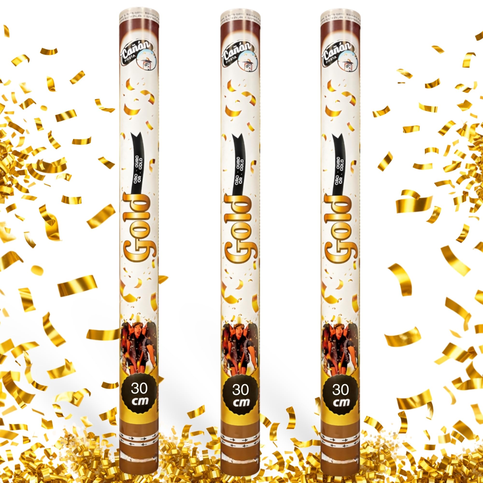 Cañón Confeti Boda, Cañón para fiestas y eventos, Fáciles y Seguros de Usar, Apto para bodas, eventos, celebraciones, Uso interior y Exterior, Diseño Metalizado Dorado, 30 cm, Pack de 3 unidades - imagen 1
