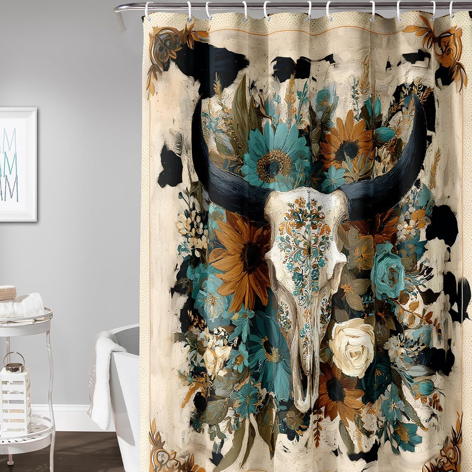 AILONEN Floral Bull Skull Shower Curtain 60" W x 72" H for Bathroom,Retro Blue Black Flower Ethnic Bath Curtain with Hooks