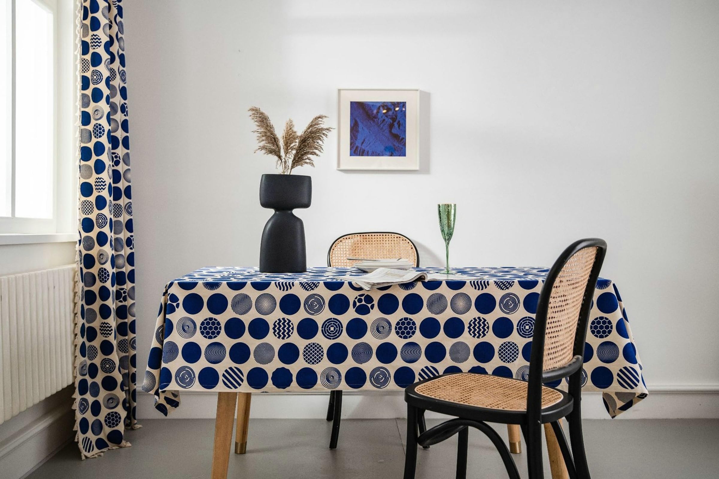 Obrusy bawełniane, lniane, 140 x 300 cm, niebieski, zmywalny, prostokątny, w stylu boho, obrus z nadrukiem, do salonu, stołu jadalnego