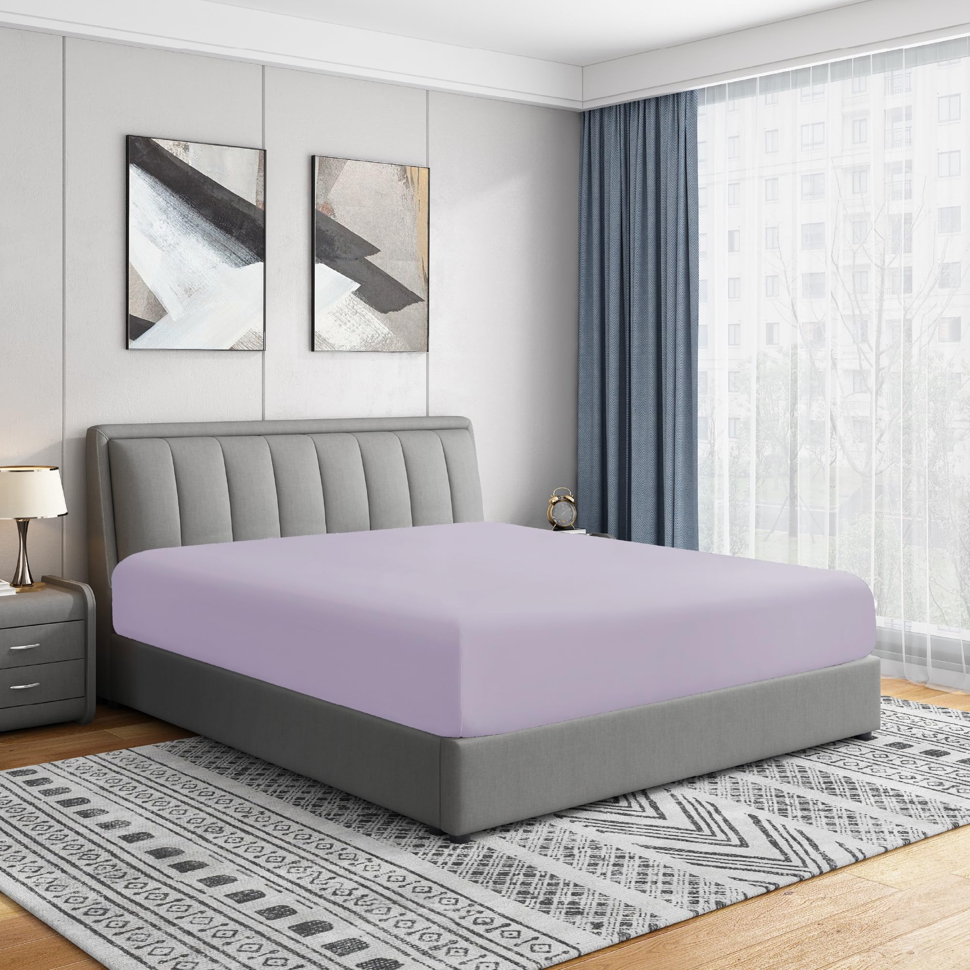 Cathay Home Luxury Wrinkle and Fade Resistant Double Brushed Ultra Soft Microfiber 14-Inch Standard Pocket Single Fitted Sheet, Lavender, Queen