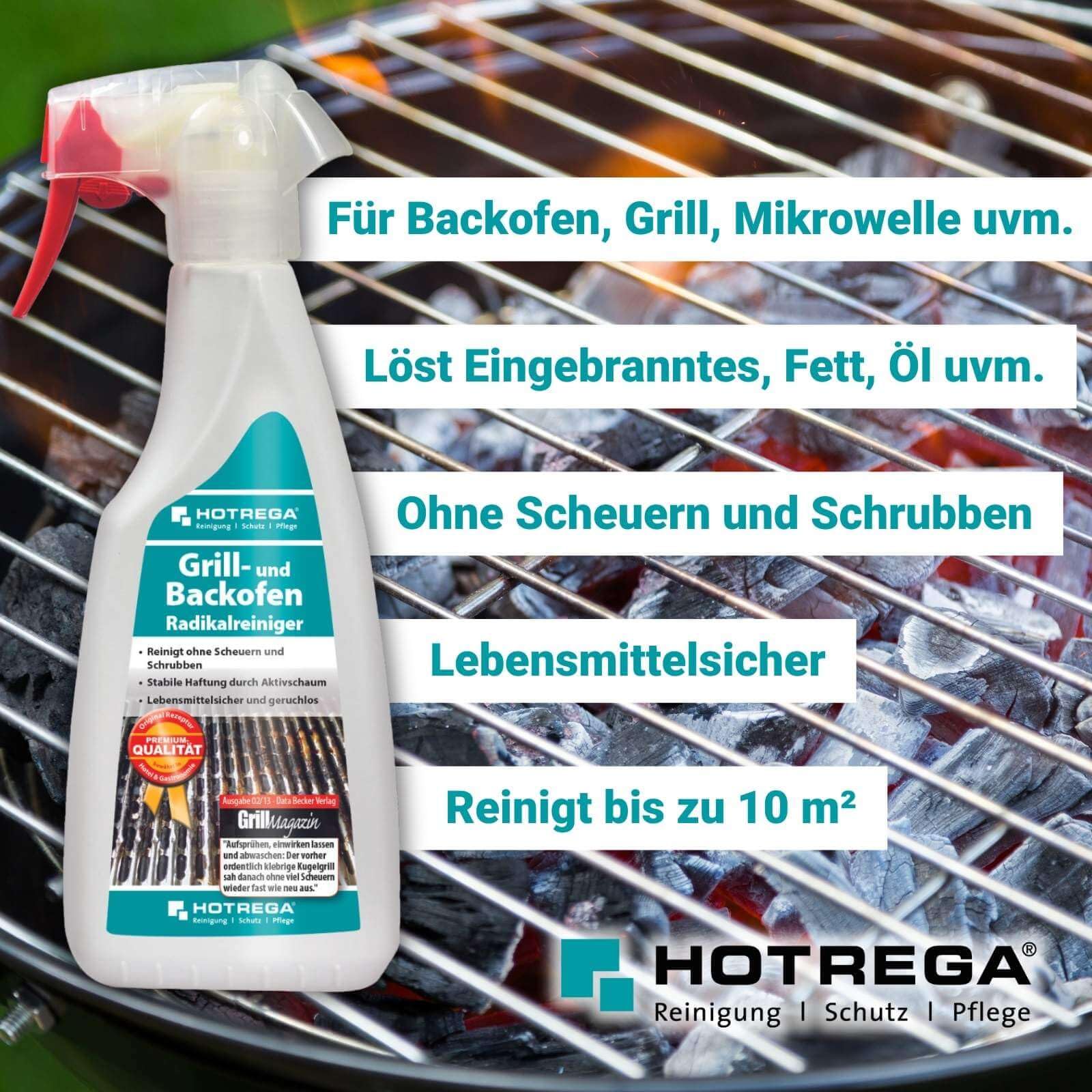 HOTREGA Grill & Backofen Radikalreiniger 500ml | Entfernt Eingebranntes | Inkl. Handschuhe | Reinigt Edelstahl, Glas, Keramik & Kochfelder | Lebensmittelsicher | Frei von Chlor & Lösemitteln