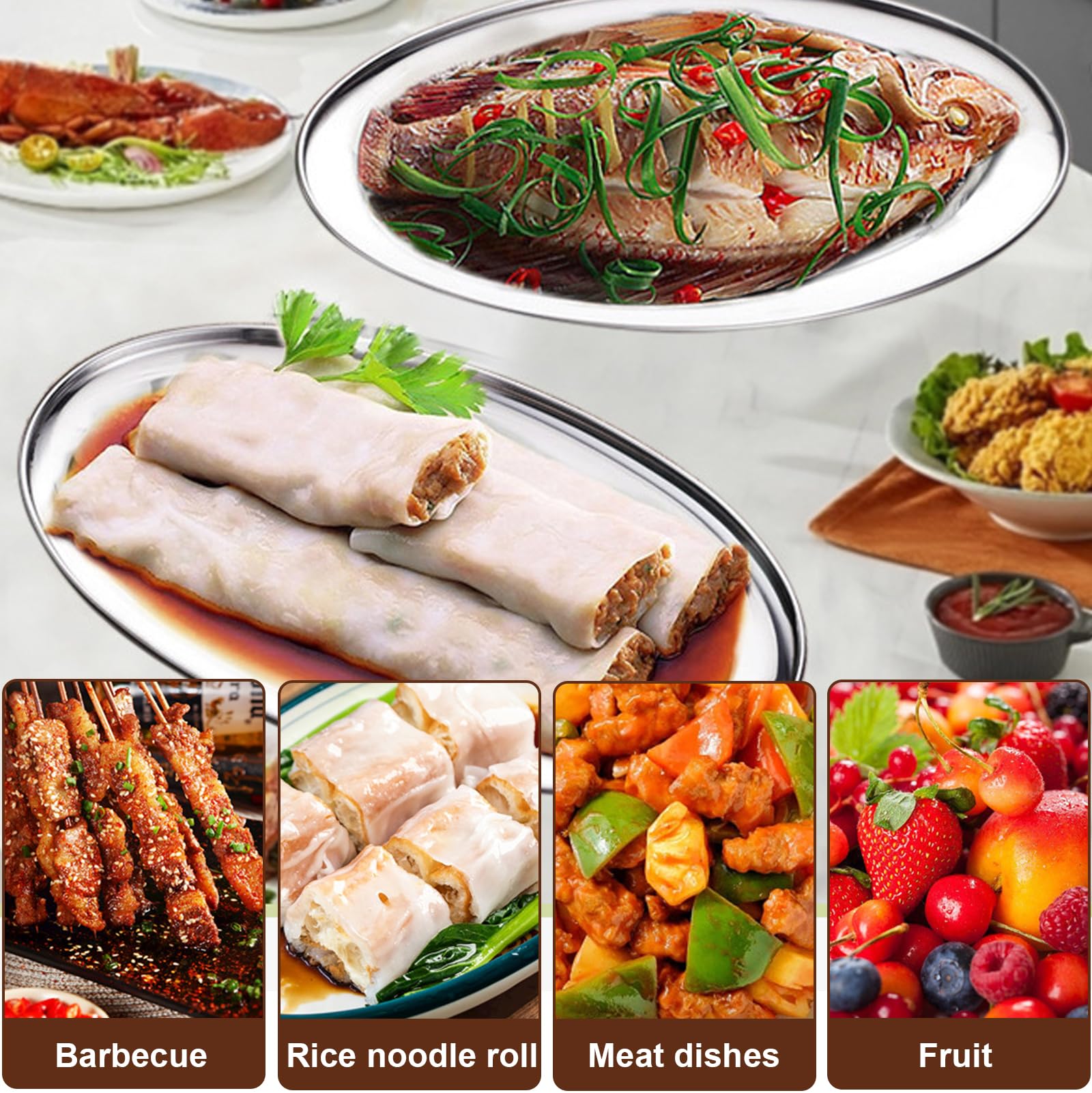 SUNOYA Vassoio Da Portata In Acciaio,4 Pezzi Piatti Rotonde In Acciaio Inox,Vassoio Ovale In Acciaio,Piatti Da Portata Ovali Per Carne,Piatto,Pesce E Buffet(26cm,30cm,35cm,40cm)