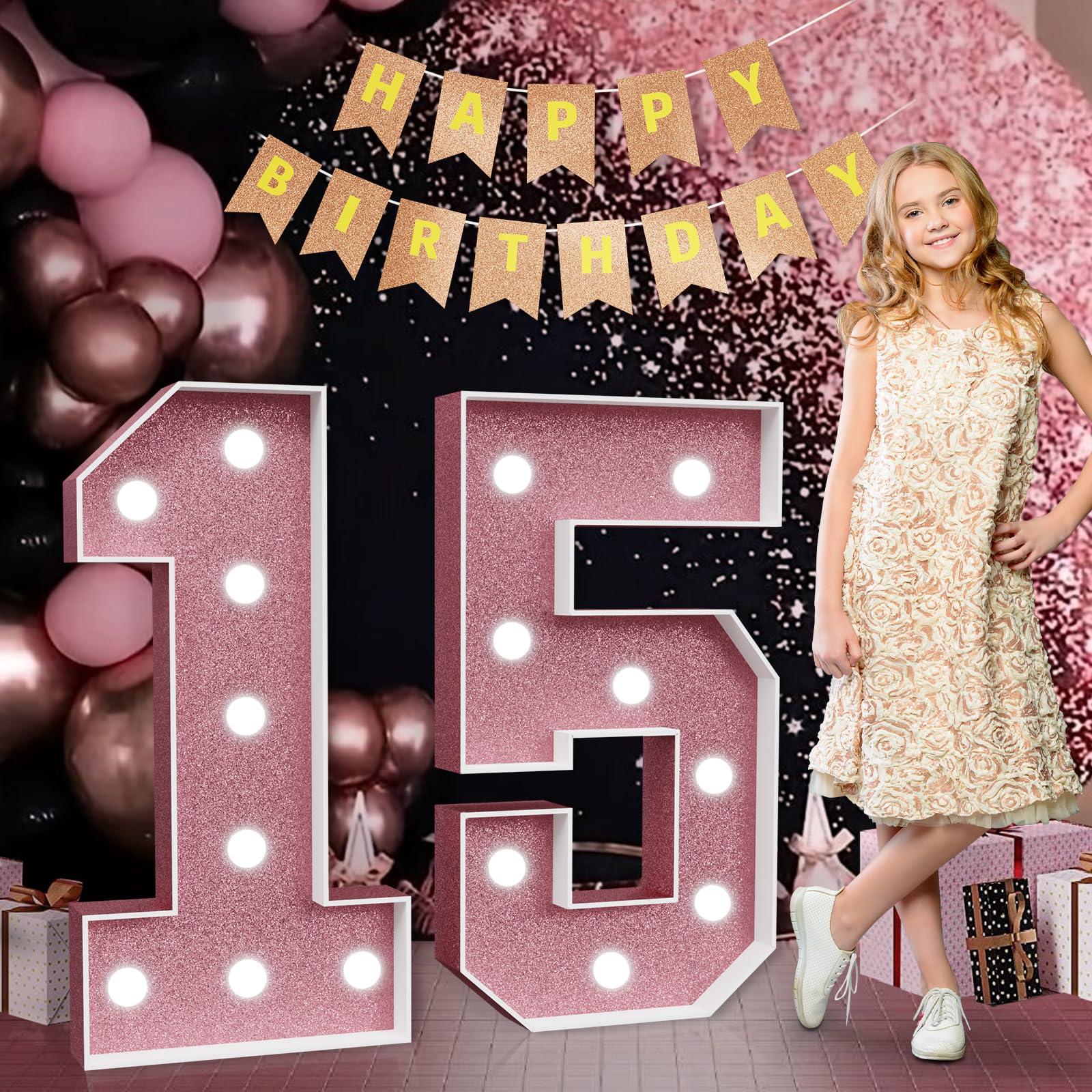 Marquee Numbers Pink 15th-Birthday Decorations: Large 3ft Light Up Number Rose Gold 15 Birthday Decoration for Boy Girl Fifteen Year Old Birthday