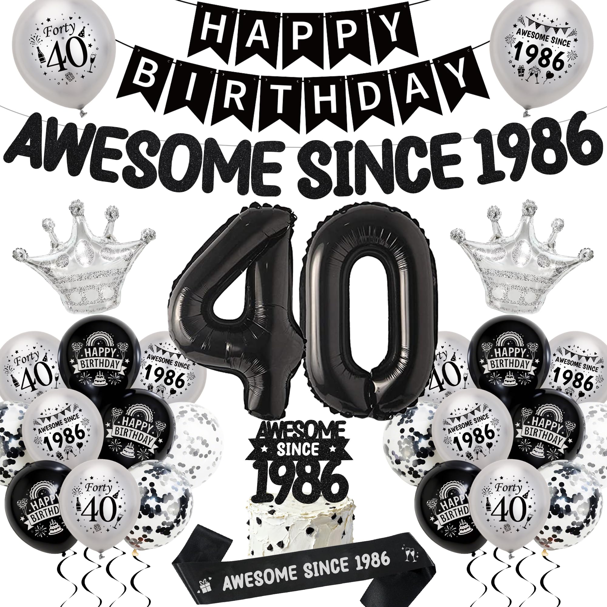 40th Birthday Balloons Decorations for Men Women, Awesome Since 1986
