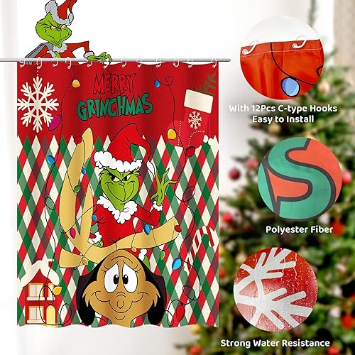 Miniatura 3 de Juego de cortina de ducha de Navidad, 4 piezas con alfombras antideslizantes, cubierta para tapa de inodoro y tapete de baño antideslizante en forma