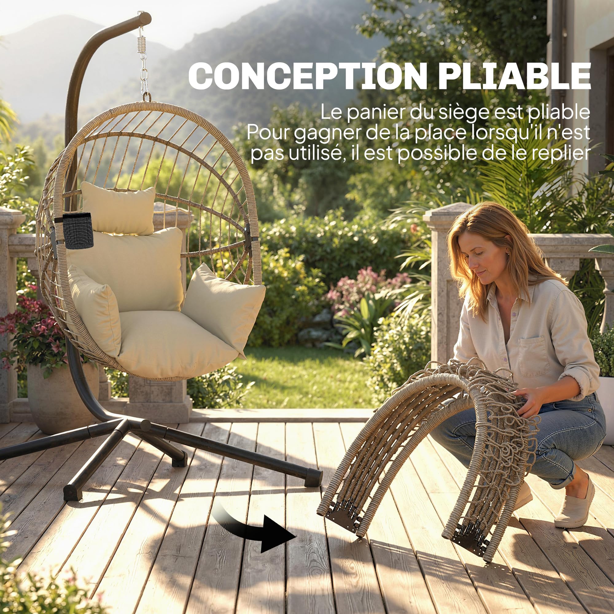 Outsunny - Sillón colgante, silla colgante para hamaca, cesta plegable, cojín acolchado, bolsillo, almohada, silla colgante para interior y exterior, color caqui