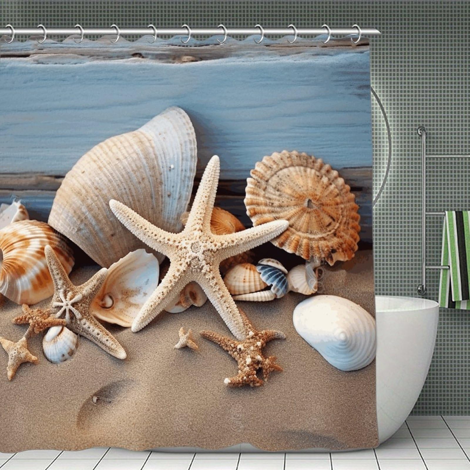 FekiLoot Seashells Starfish Sand Shower Curtain Minimalist Aesthetic Bath Curtain with Hooks Simple Water Resistant Bathroom Shower Curtains Cute Blackout Privacy Curtains Cloth Curtain