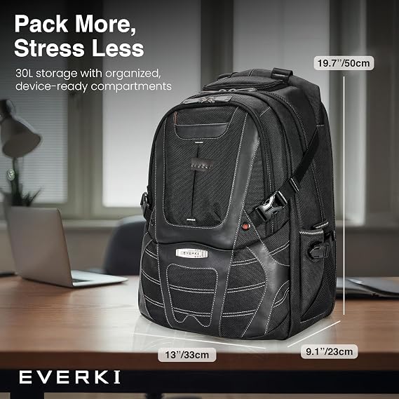 EVERKI Concept 2 Professional Laptop Backpack Travel Backpack for Men, Laptop Bag Fits 17.3-Inch 30L Durable Business Back Pack with Ballistic Nylon & Leather Black (EKP133B)