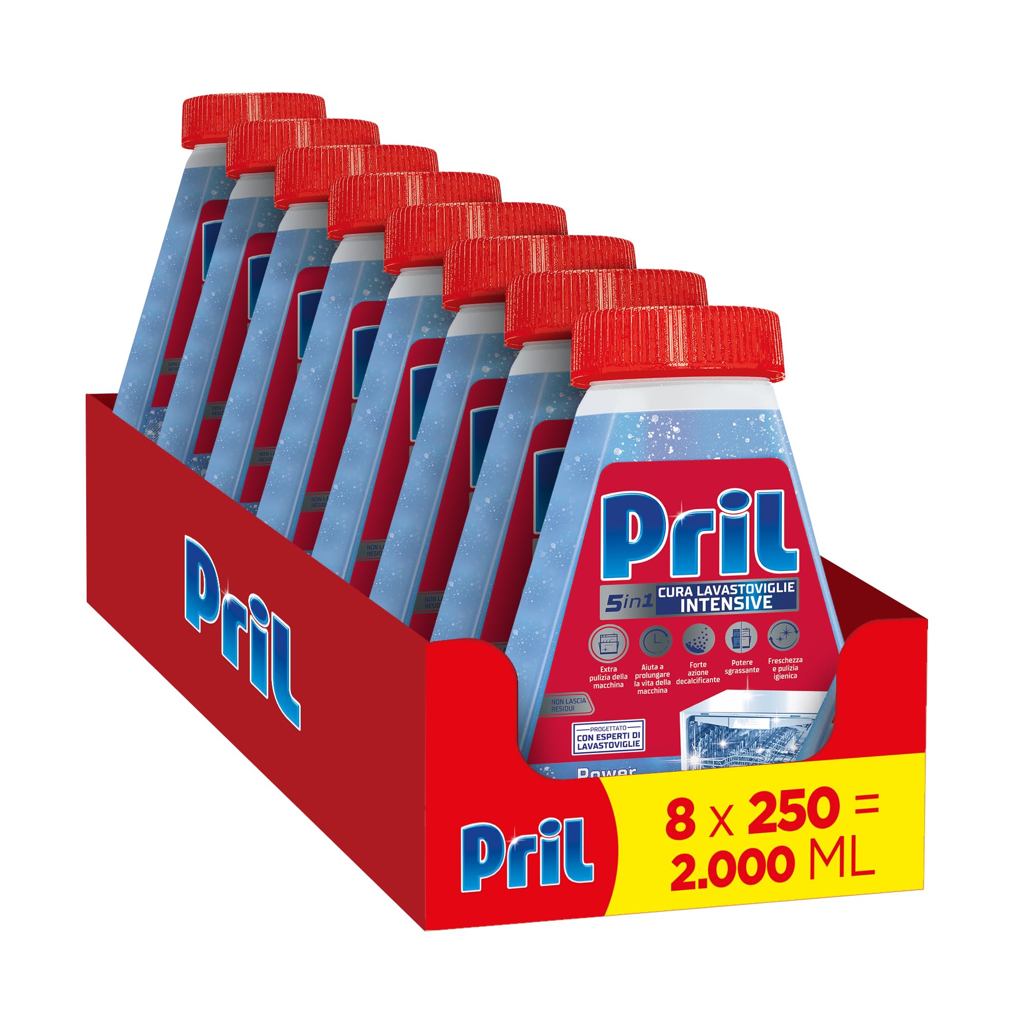 Pril 5in1 Cura Lavastoviglie Intensive (8 confezioni da 250 ml), Detergente per Lavastoviglie con Power & Pearls, Decalcificante e Liquido per una Pulizia Profonda della lavastoviglie