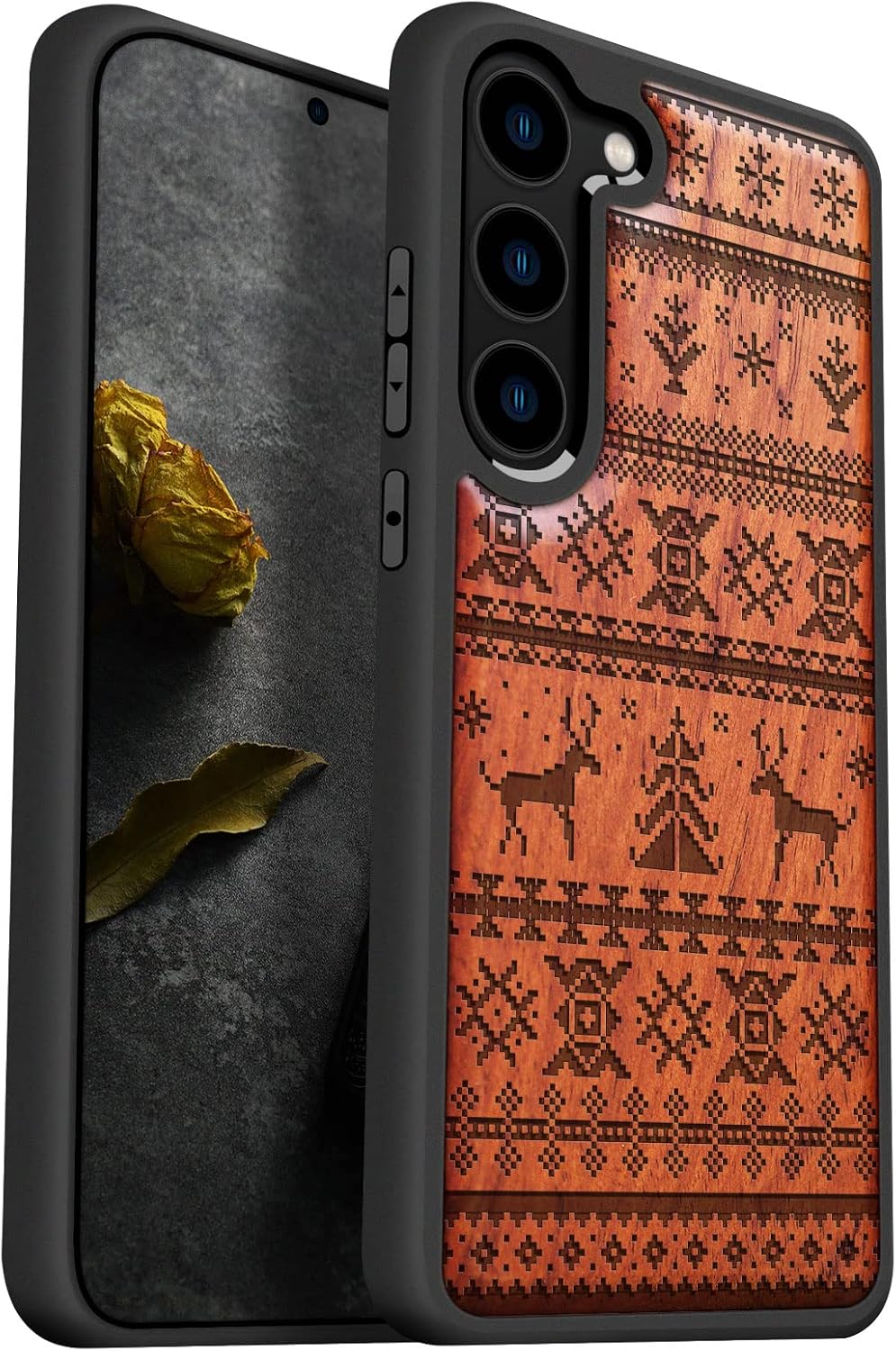 Carveit Wood Case for Galaxy S23 Case [Natural Wood & Black Soft TPU] Shockproof Protective CoverWooden Design Compatible with Samsung S23 (Mountains and Deer-Walnut)