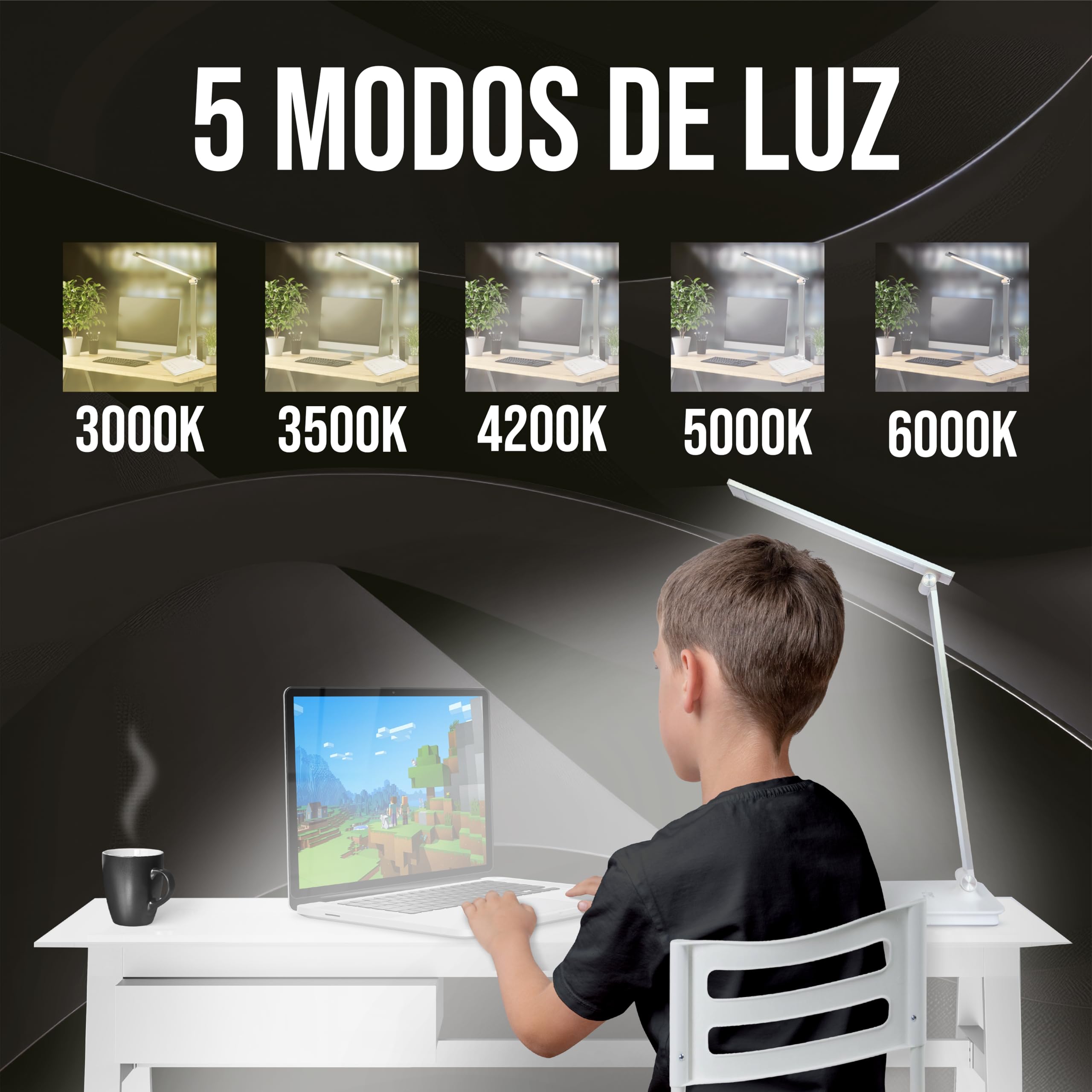 Lámpara LED Escritorio 5 Funciones en 1 | Flexo de Escritorio con Luz Nocturna I Lámpara de escritorio táctil I 5 Modos de Luz I 10 Niveles de Brillo I Puerto USB I Color Plata.