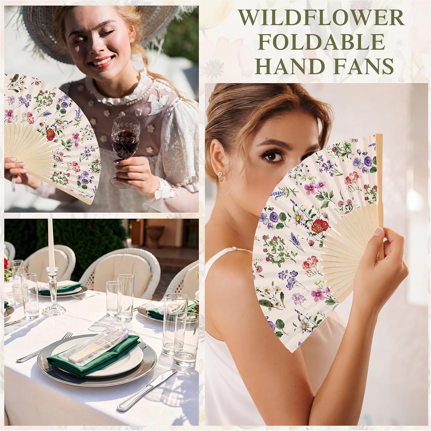 50 Pcs Wildflower Folding Hand Fan Bulk with Organza Bags Wedding Favor Bulk for Guests Vintage Floral Decorative Folding Fan Foldable Handheld Paper Fans for Bridal Shower Wedding Party