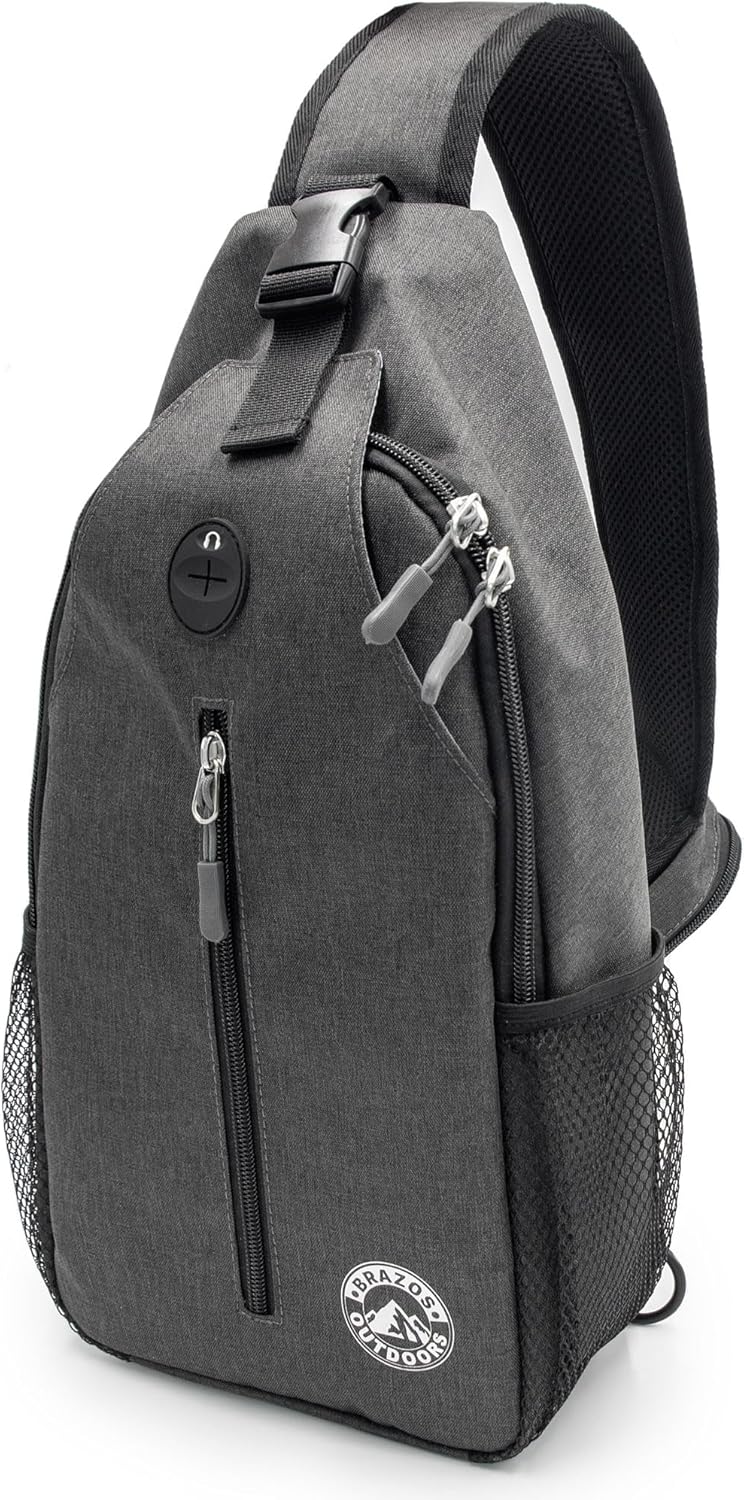 Brazos Crossbody Sling Hiking Daypack, 6 Pocket Design, Removable Phone Compartment, Headphone Accessible Hole, Reversible Shoulder Strap, Hiking Accessory, Grey