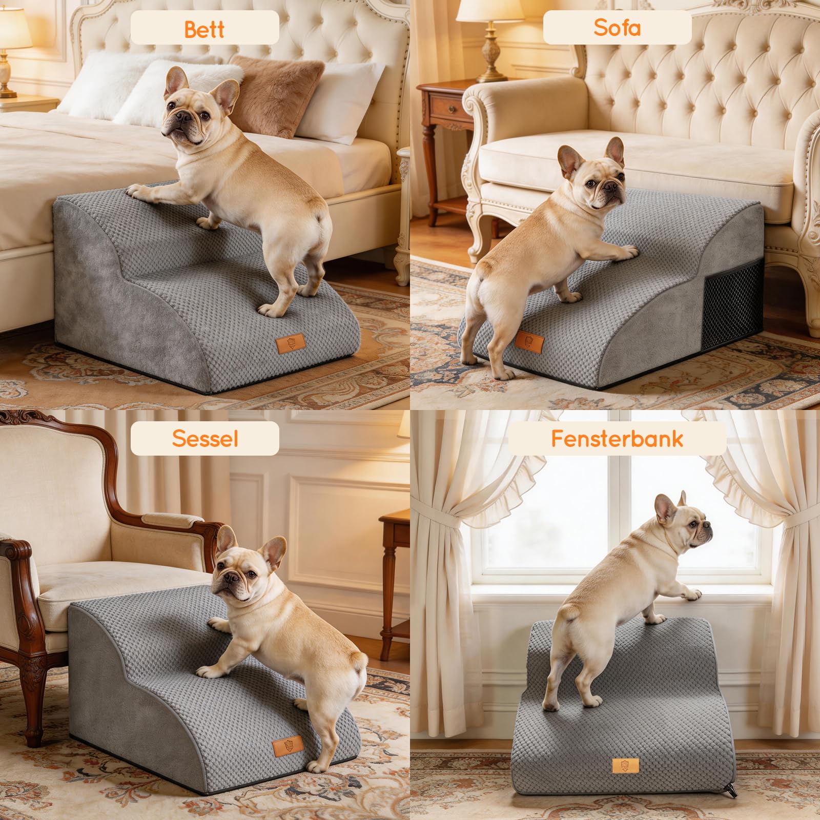 Hundetreppe - 2 Stufen verlängerte Rampe für kleine Hunde & Katzen - rutschfest - Wasserdicht - Abnehmbarer waschbarer Bezug - gelenkschonend für Sofa und Bett