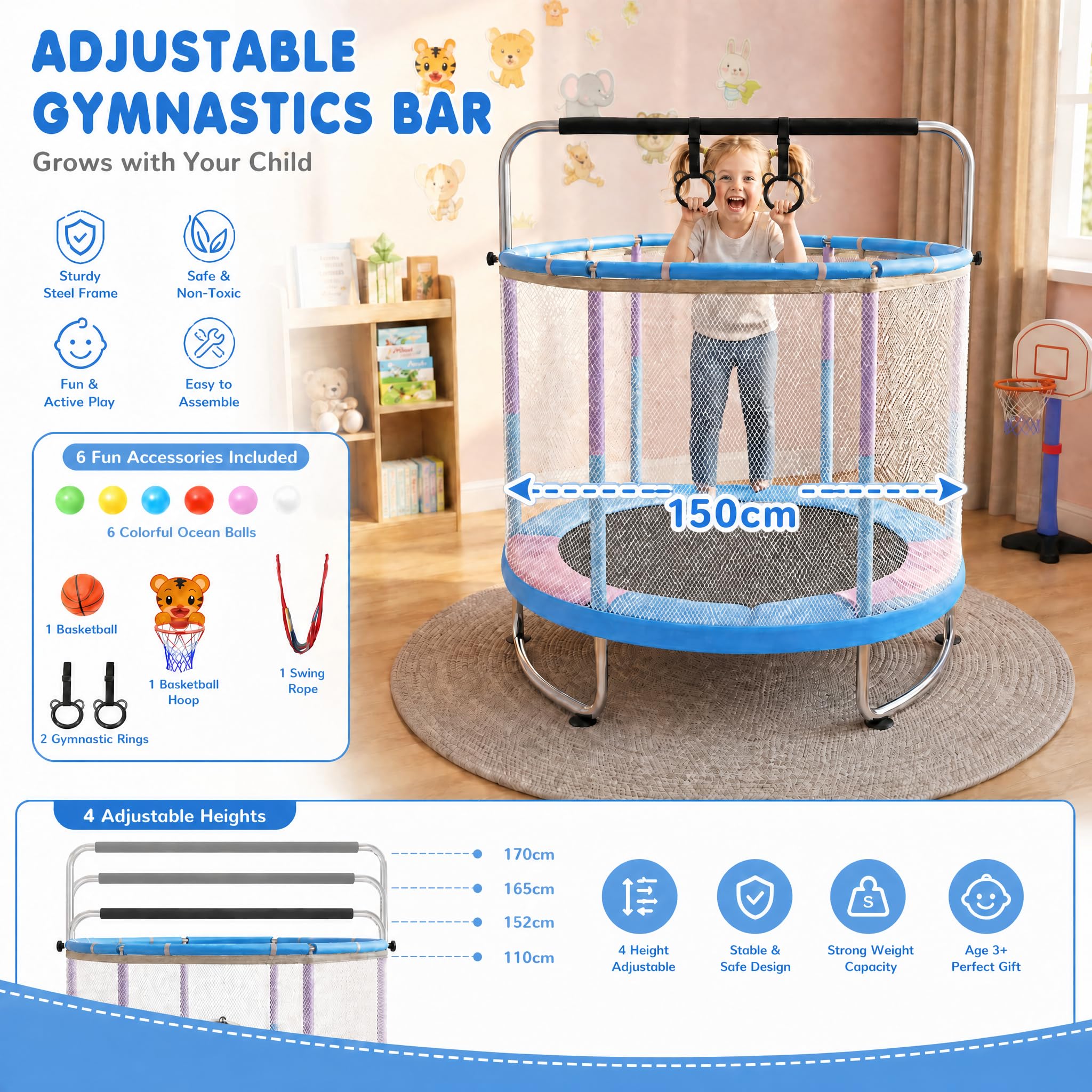 hotsizz Trampoline 1,5 m, avec balançoire, Barre de Gymnastique, Panier de Basket, pour Enfants de 3 à 14 Ans, Trampoline Enfant adaptés à Une Utilisation en intérieur et en extérieur