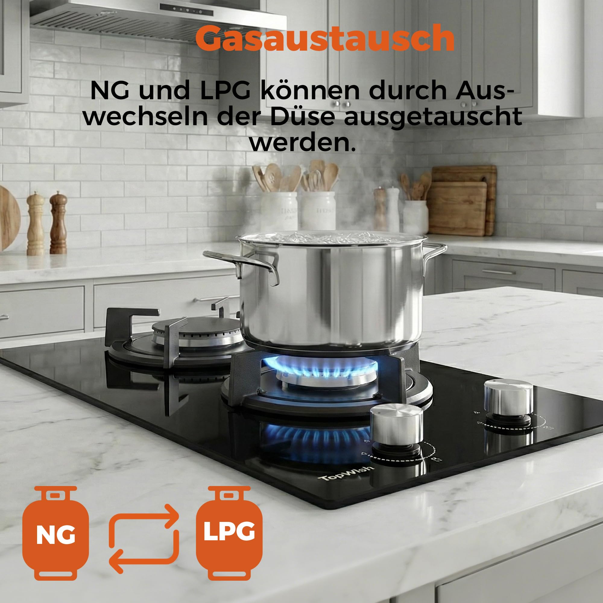 TOPWISH Gaskochfeld 2 flammig 30cm NG/LPG konvertierbar Zündautomatik Thermoelementschutz 4750W