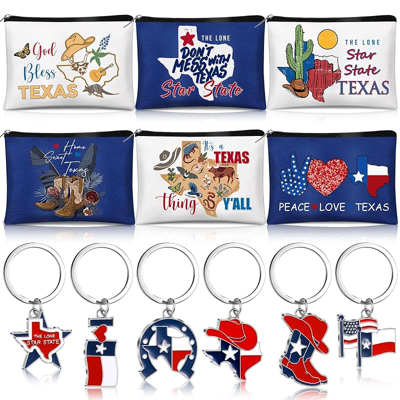 Landical Conjunto com 6 necessaires de maquiagem e 6 chaveiros com tema do Texas