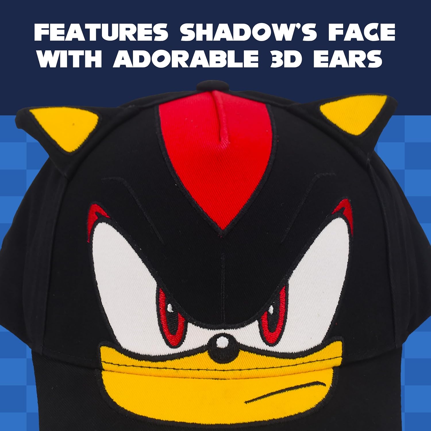 Shadow The Hedgehog Baseball Cap, Adult Sonic Adjustable Snapback Hat with 3D Ears and Curved Brim, Black, One Size