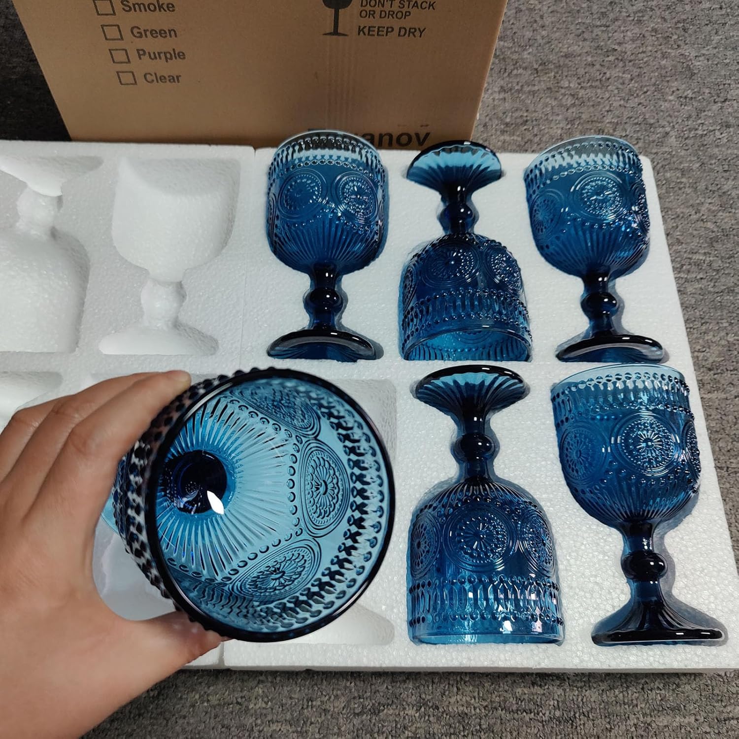 Blue Water Goblets Wine Glasses Drinking set of 6 Vintage Colored Glassware 12 Ounces Sunflower Stemmed Cups for Wedding Party Bars Restaurants - Image 8