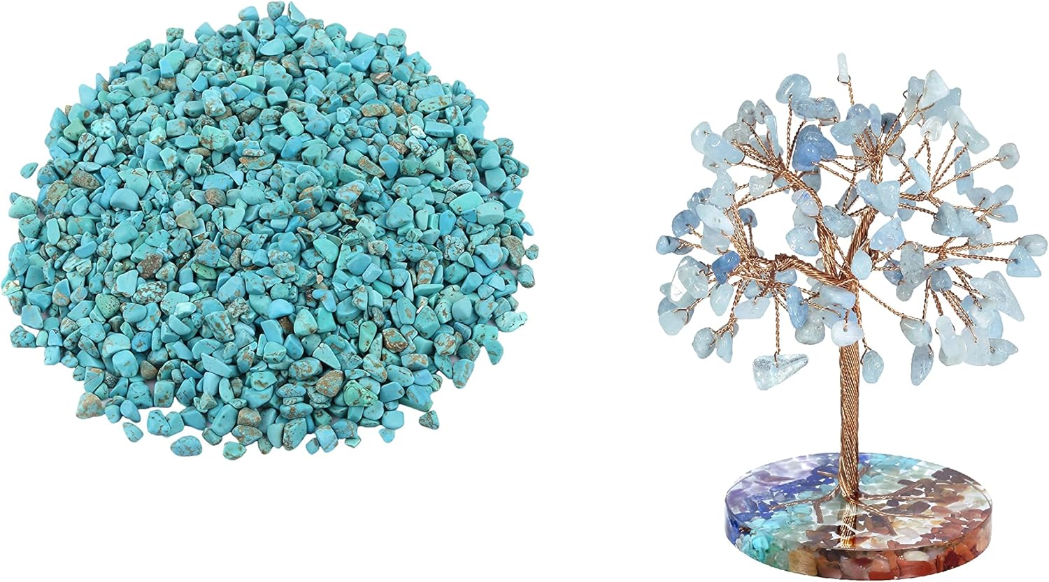 Rockcloud 1 lb Howlite Turquoise Small Tumbled Chips Crushed Stone, Aquamarine Crystal Copper Wire Money Tree with Round Colorful Resin Base
