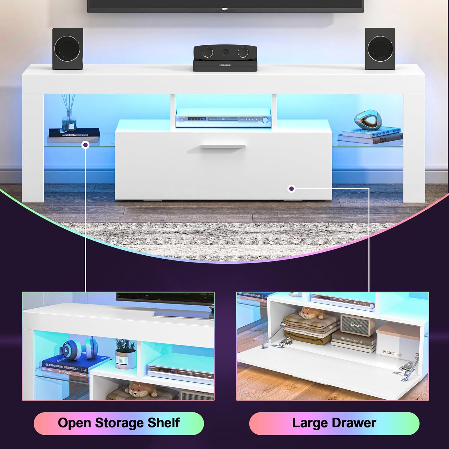 Clikuutory Modern Lighting 51 inch TV Stand with Large Storage Drawer for 32 40 50 55 Inch TVs, TV Console with 20 Color LED Lights, Entertainment Center Media and Open Shelf for Bedroom, White - Image 4