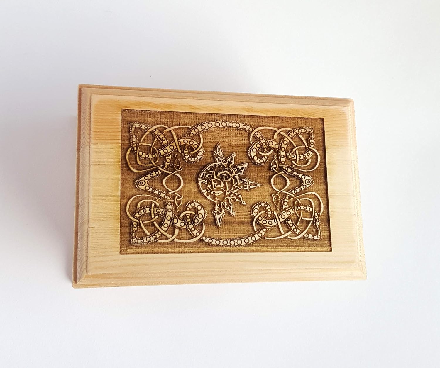 Sun and Moon Celtic Knot Wooden Keepsake Box - Free Personalized Engraving, Decorative Latch Box for Jewelry & Trinkets, Unique Custom Gift with Celtic Symbolism